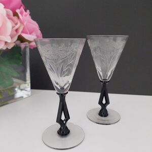 1930s Morgantown Ebony Crystal Art Moderne Cordial Glasses Art Deco Black Stem